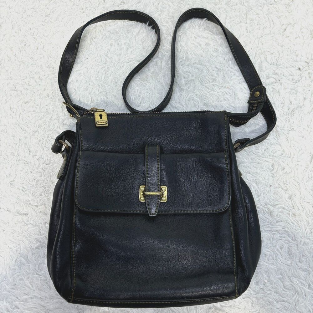 Vtg Fossil Black Leather Crossbody Handbag With Brushed Gold Accents